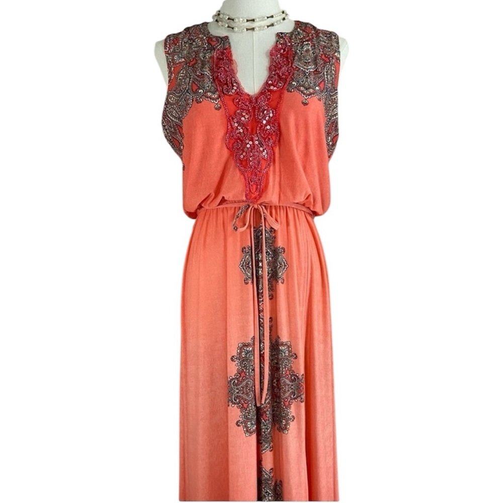Paisley Chiffon Sleeveless Maxi Dress Size Small Rhinestone Sequin Detail - Picture 4 of 15
